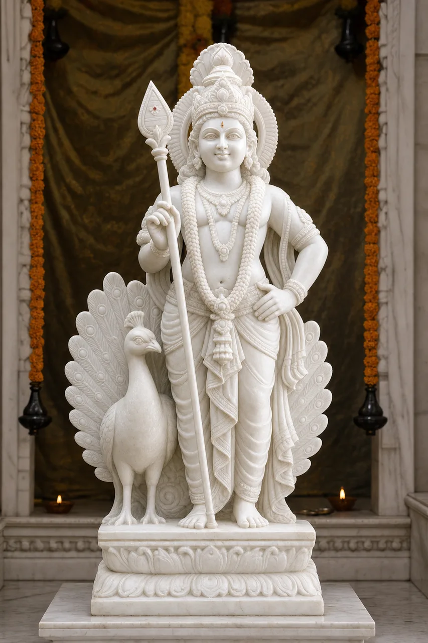 Custom Made Murugan (Kartikeya) Statues in Marble Stone