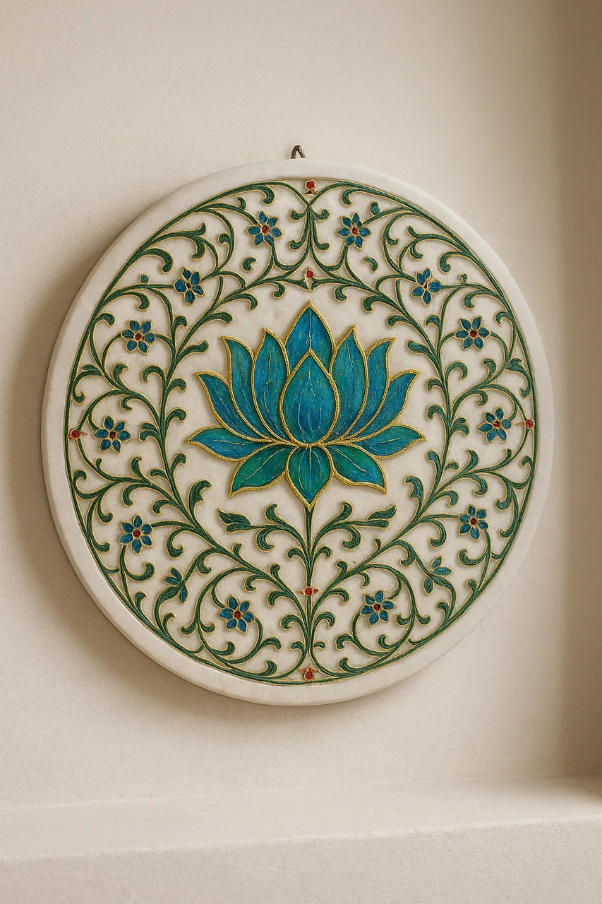 Natural White Marble Wall Plaque – Lotus & Floral Vines, 18in