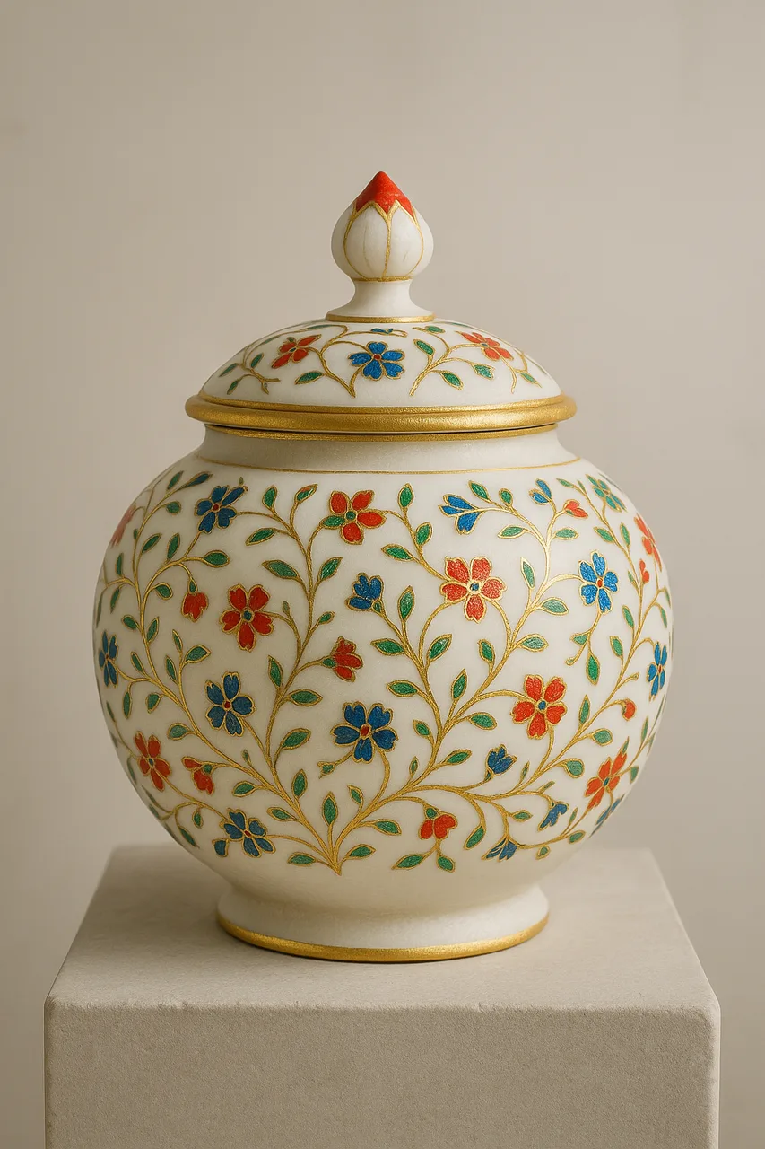 Handcrafted Natural White Marble Urn – Meenakari Floral, 12in
