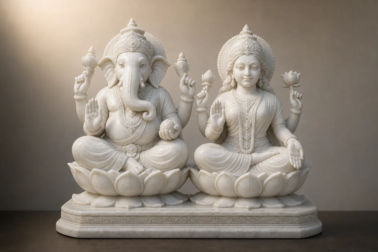 Custom Made Lakshmi Ganesh Statue Pair in Marble Stone