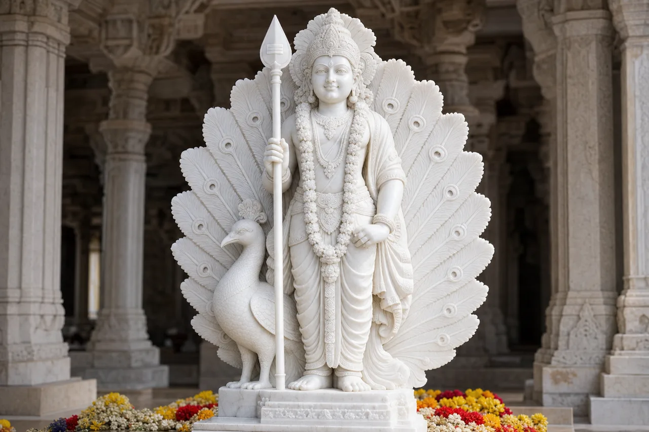 Custom Made Murugan (Kartikeya) Statues in Marble Stone