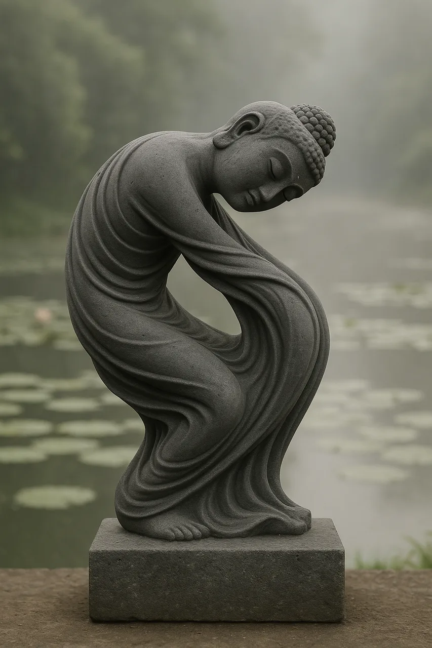 Handcrafted Indonesian Lava Stone Buddha Statue – Abstract Bending, 4ft