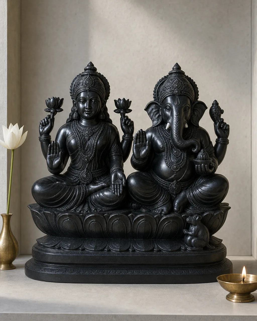 Handcrafted Black Granite Lakshmi-Ganesh Pair on Shared Lotus Base, Contemporary Minimal, 21in