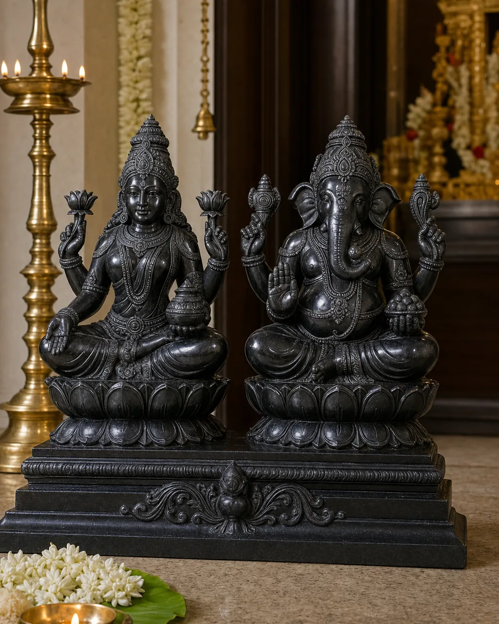 Handcrafted Black Granite Lakshmi-Ganesh Pair on Lotus Pedestals, South Indian Style, 15in