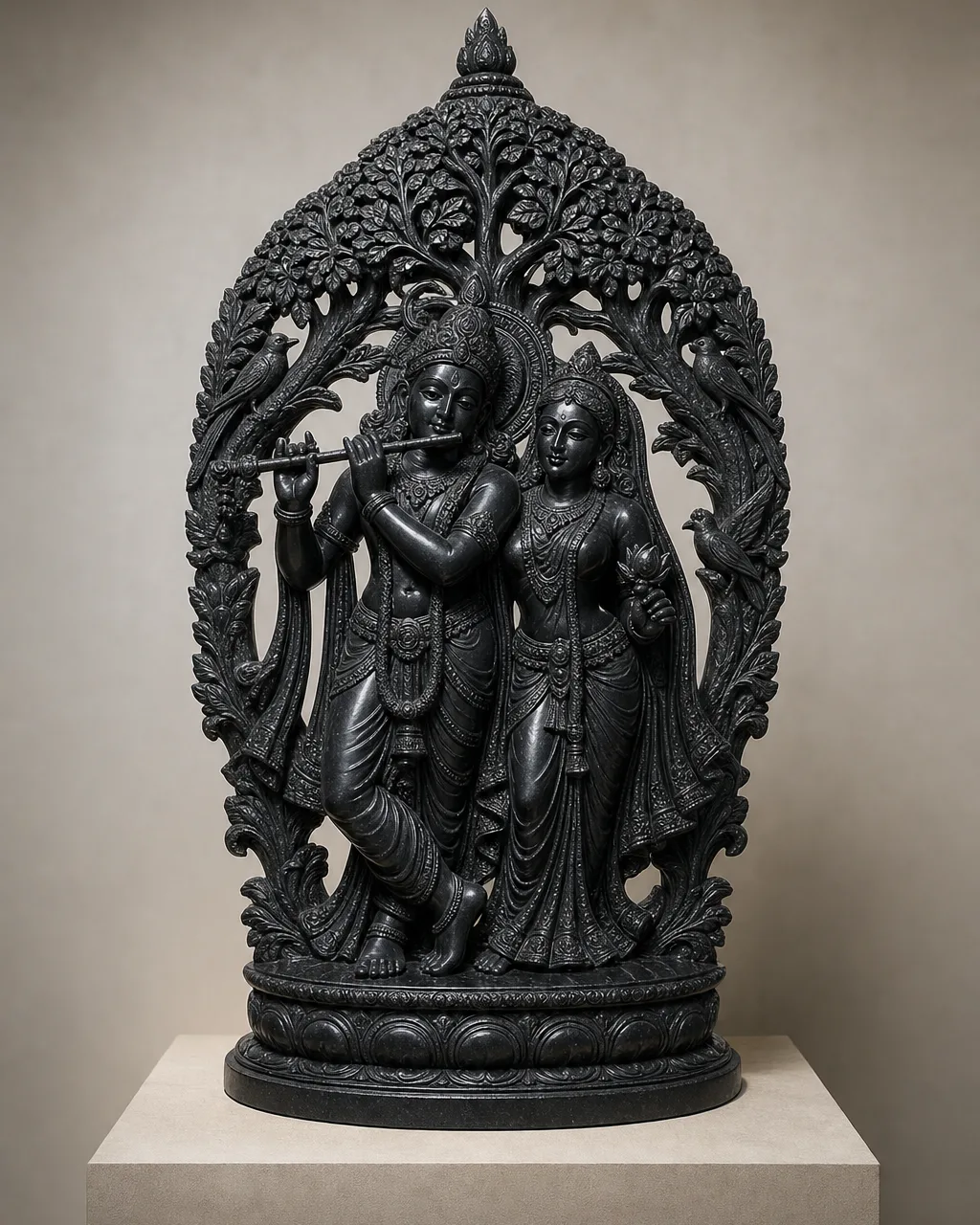 Handcrafted Black Granite Radha Krishna under Kadamba Tree with Vrindavan Arch, 3ft