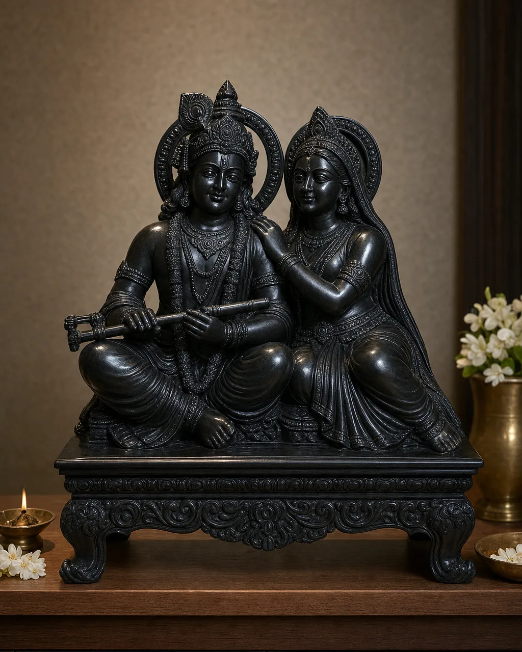 Handcrafted Black Granite Radha Krishna Seated Pair on Carved Chowki, 21-inch