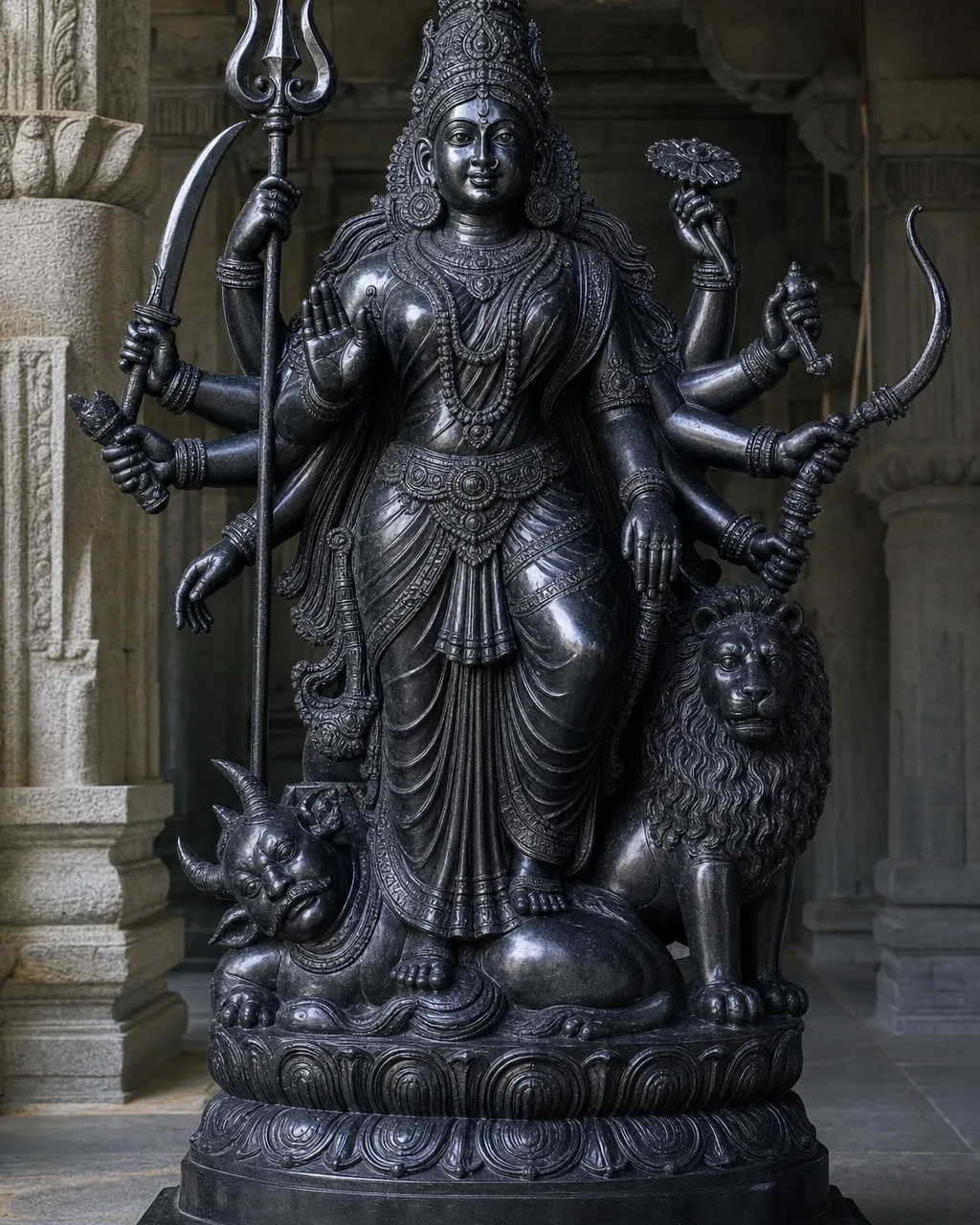 Handcrafted Black Granite South Indian Mahishasuramardini Durga Statue, 5ft