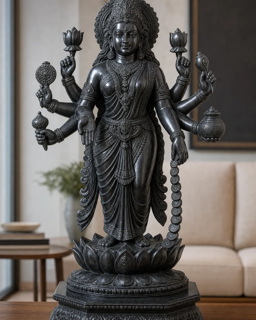 Handcrafted Black Marble Ashtabhuja Mahalakshmi Statue, 36 inch