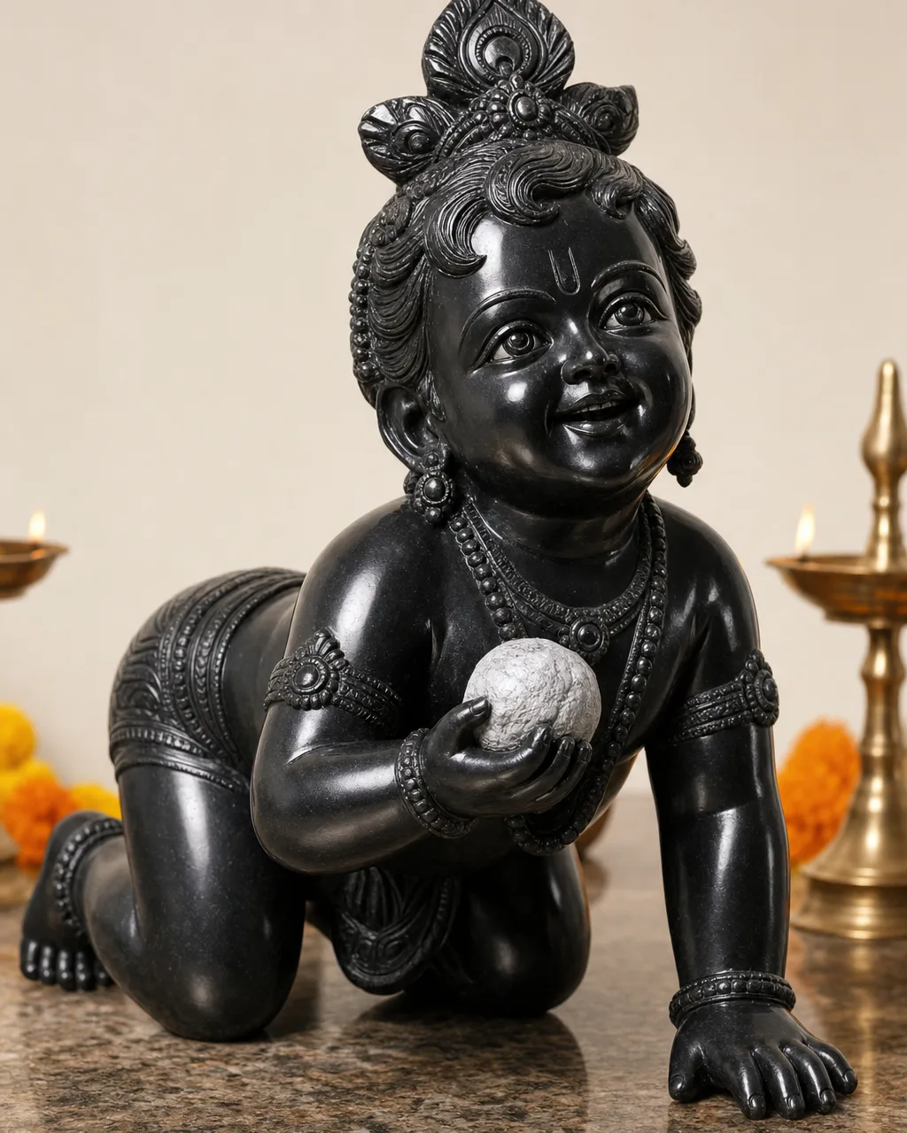 Handcrafted Black Marble Crawling Bal Gopal (Makhan Chor) Statue, 18-inch