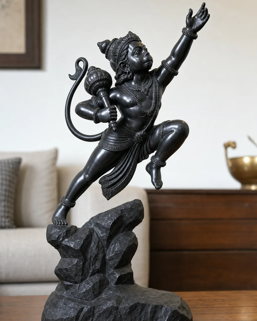 Black Marble Bal Hanuman Leaping to the Sun Statue, 30in