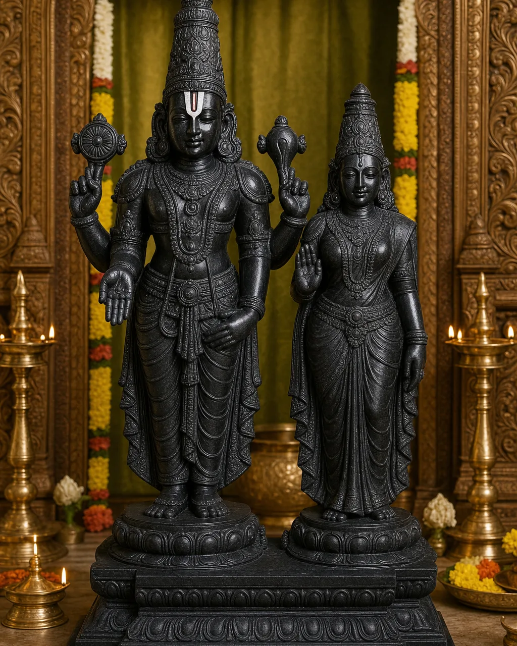 Handcrafted Black Marble Balaji Padmavati Statue Pair, 30in