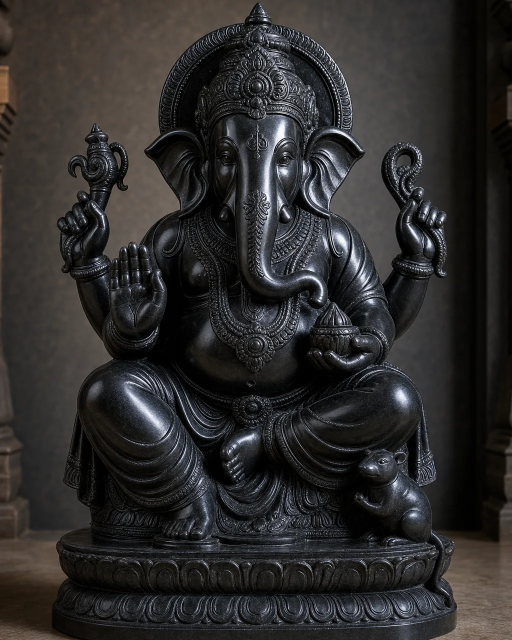 Handcrafted Black Marble Blessing Ganesh Statue, 24in