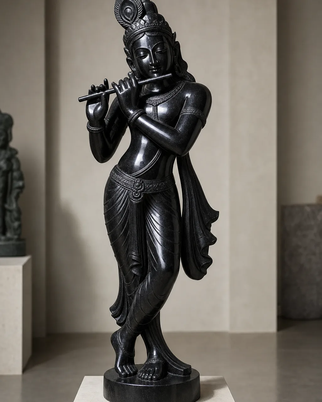 Handcrafted Black Marble Contemporary Minimalist Krishna Statue, 4ft