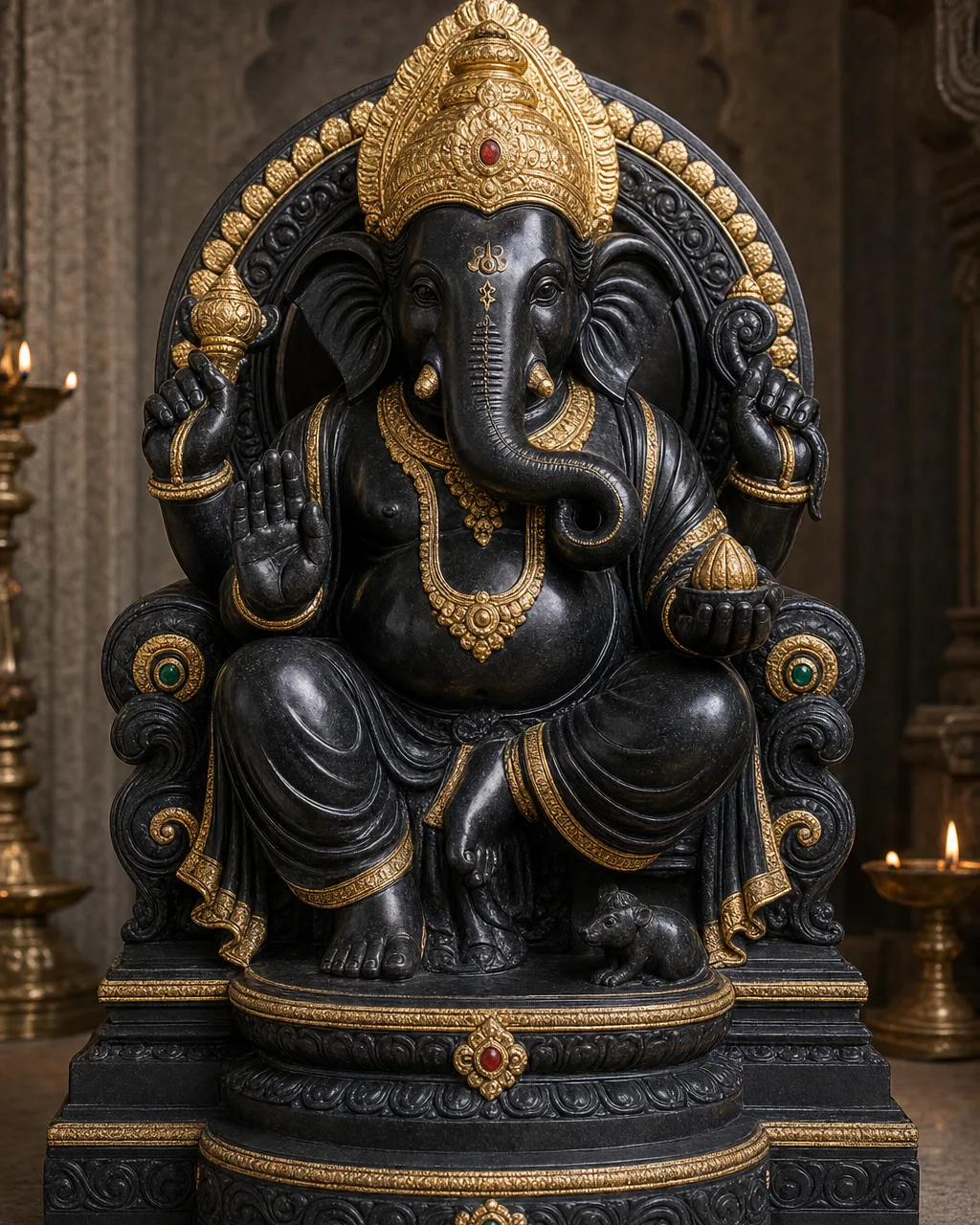 Black Marble Dagdusheth Ganpati with Gold-Leaf Ornaments on Singhasan, 21 in