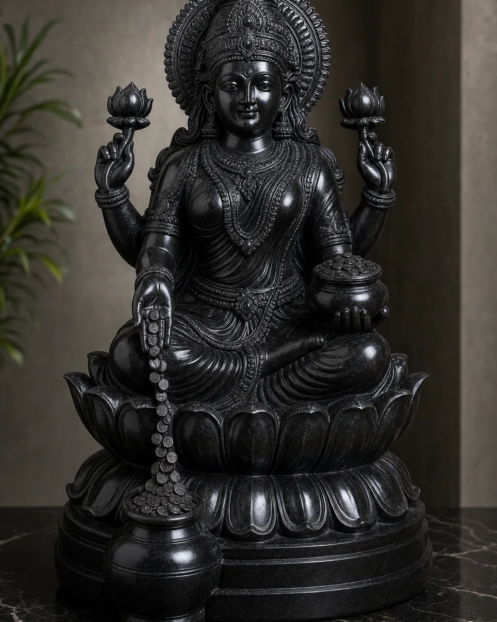 Black Marble Dhan Lakshmi Statue with Gold Coins, 24 in
