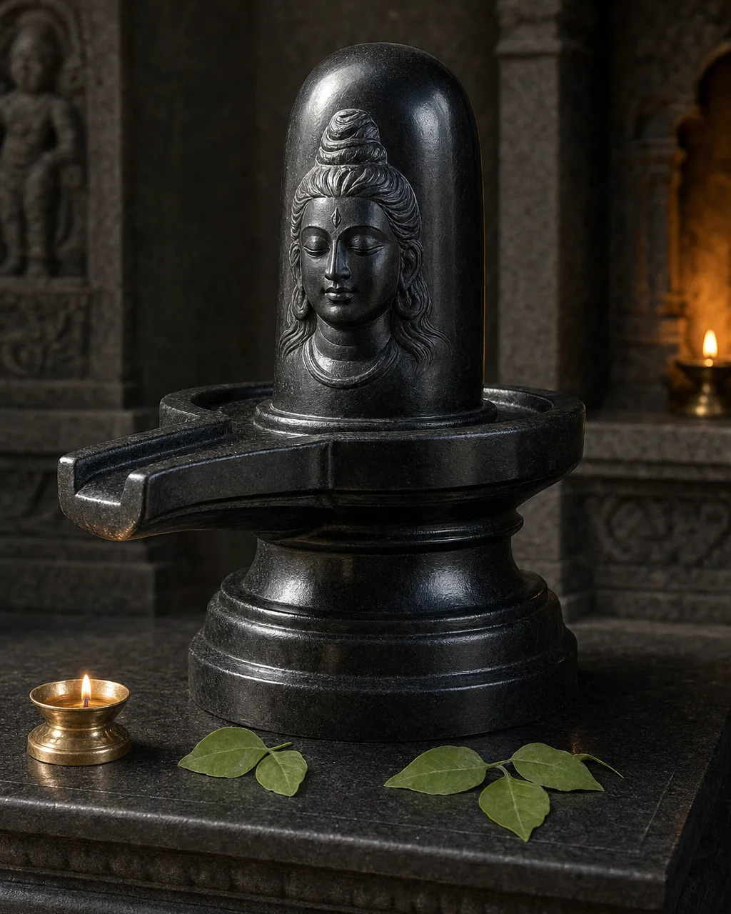 Handcrafted Black Marble Ekmukhi Mukhalingam Shiva Lingam, 12in