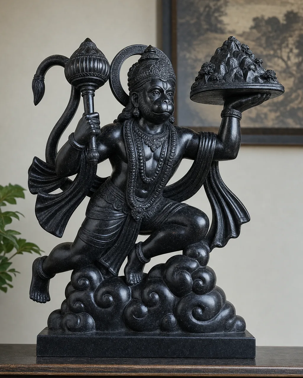 Black Marble Flying Hanuman Statue with Sanjeevani Mountain, 36 inch
