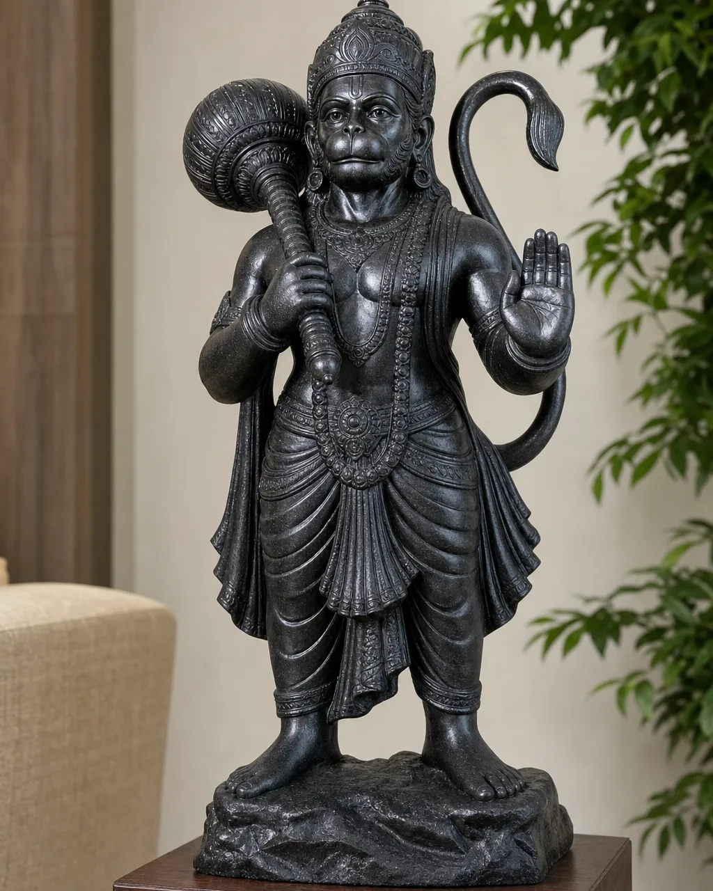 Black Marble Gada-Bearing Veer Hanuman Statue, 36 inch