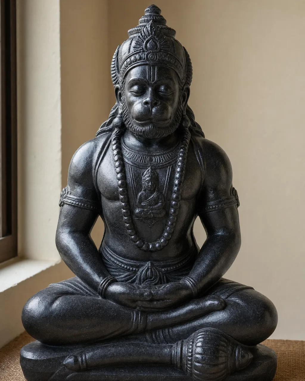 Handcrafted Black Marble Meditating Hanuman Statue, 24 inches