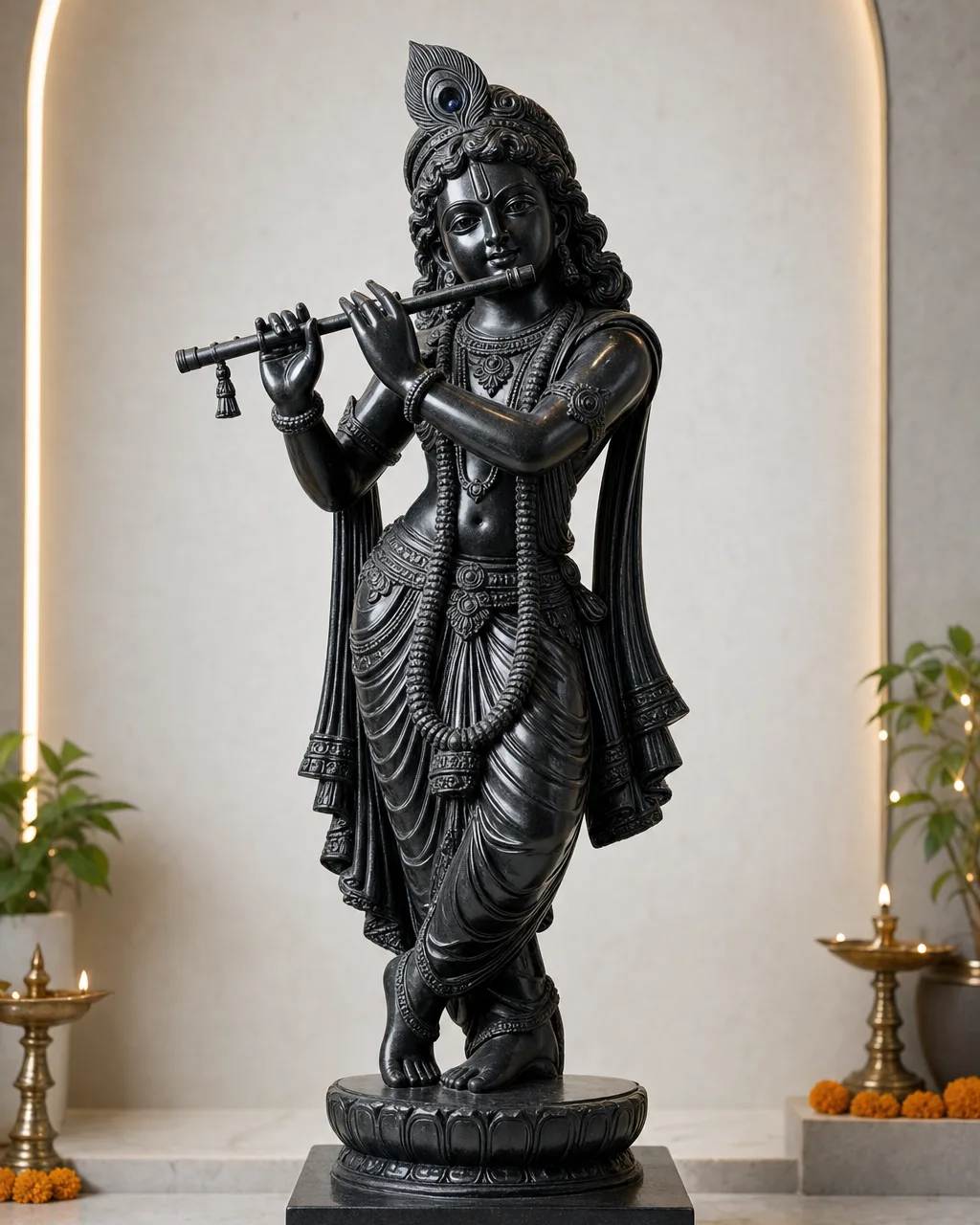 Handcrafted Black Marble Murli Krishna Statue, 3ft