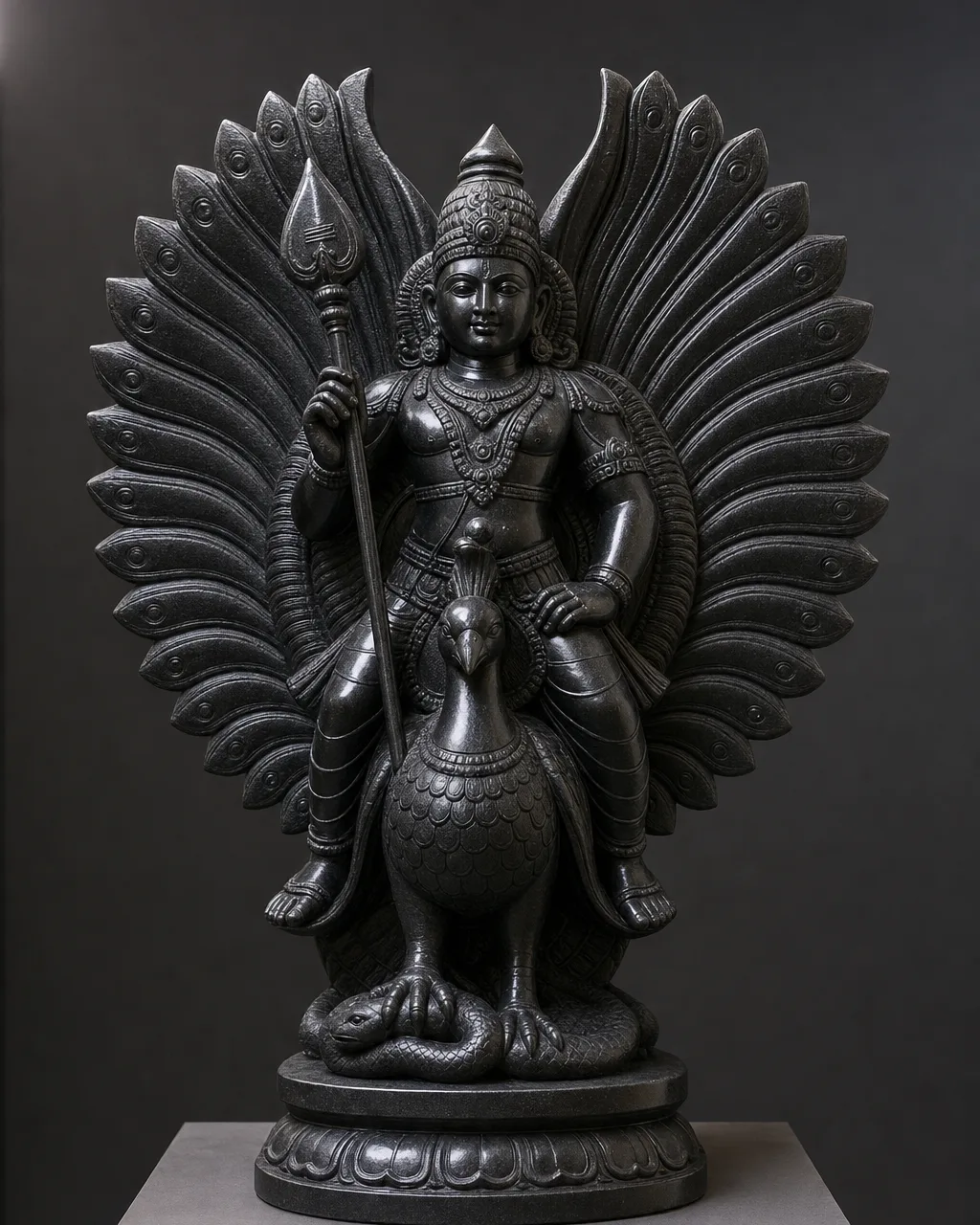 Handcrafted Black Marble Murugan on Peacock with Wings Spread Statue, 33in