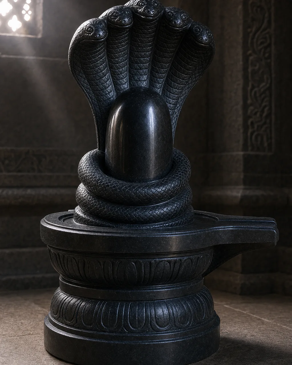 Handcrafted Black Marble Naga Shiva Lingam with Serpent Canopy, 24in