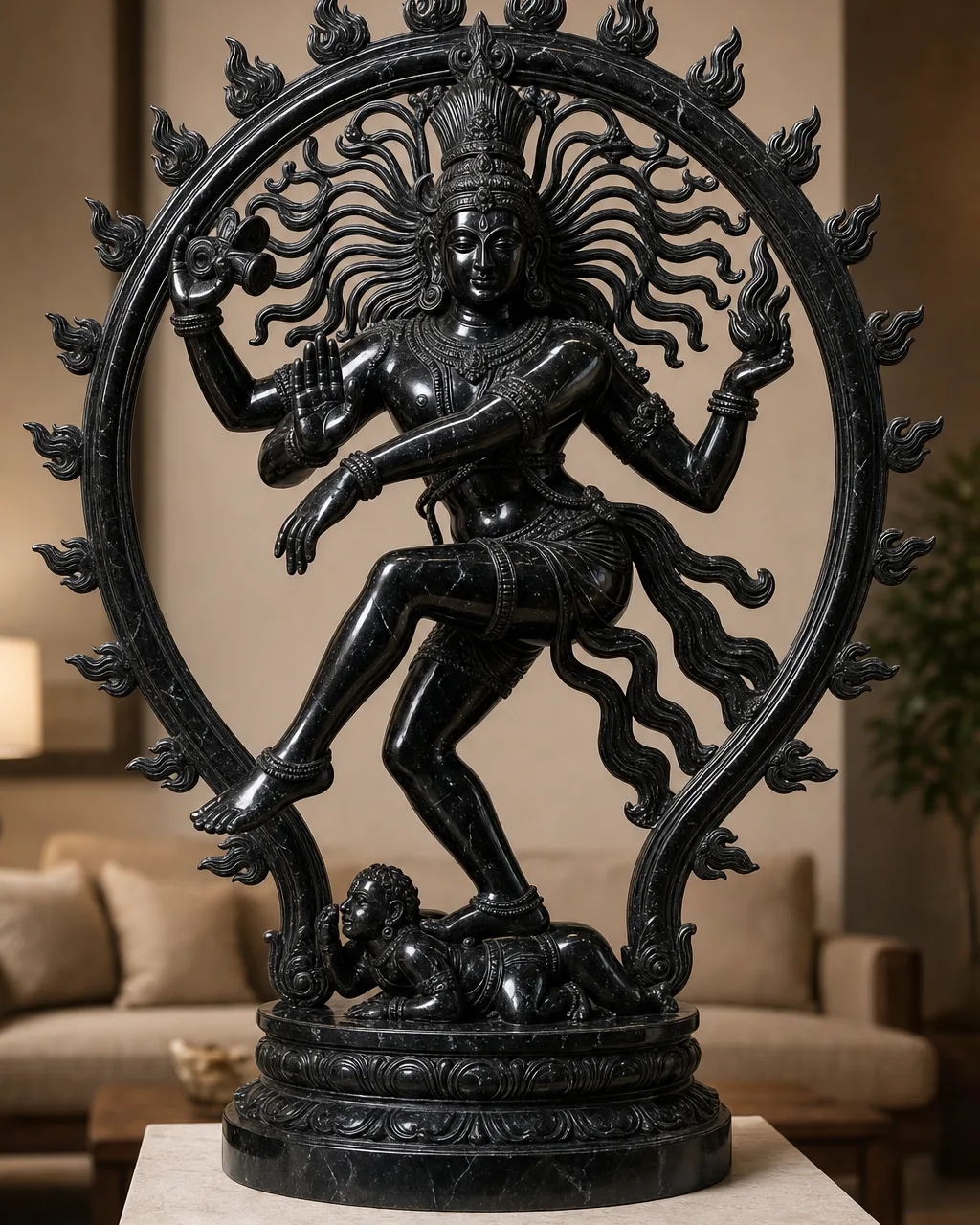 Handcrafted Black Marble Nataraja in Ring of Fire, 30in