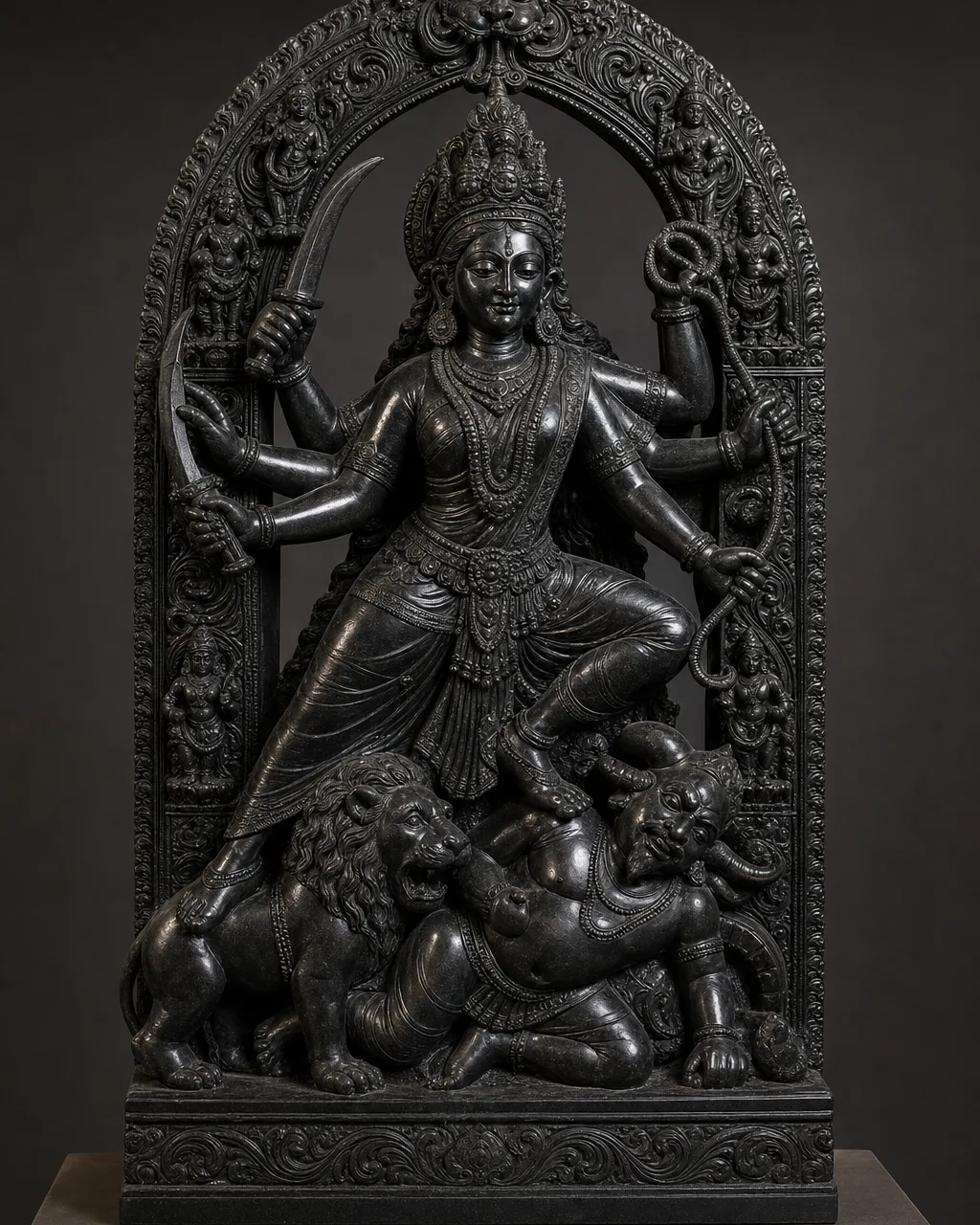 Handcrafted Black Marble Pala-Style Mahishasuramardini Durga Stele, 4ft