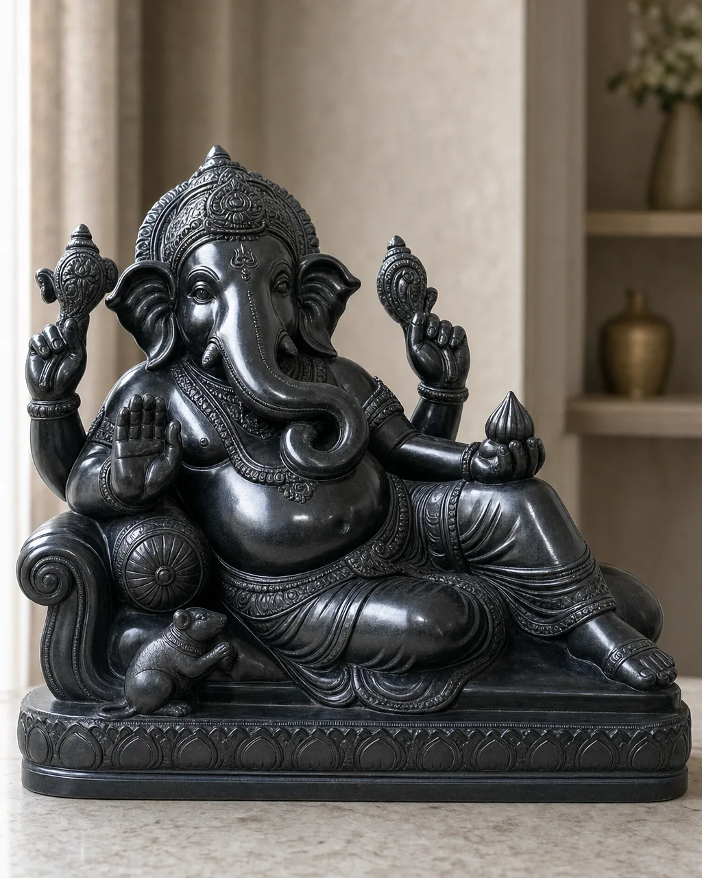 Black Marble Reclining Ganesh Statue, 18 in