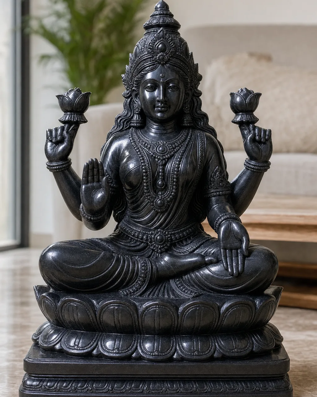 Black Marble Seated Lakshmi in Padmasana, 30-Inch Mahalakshmi Statue