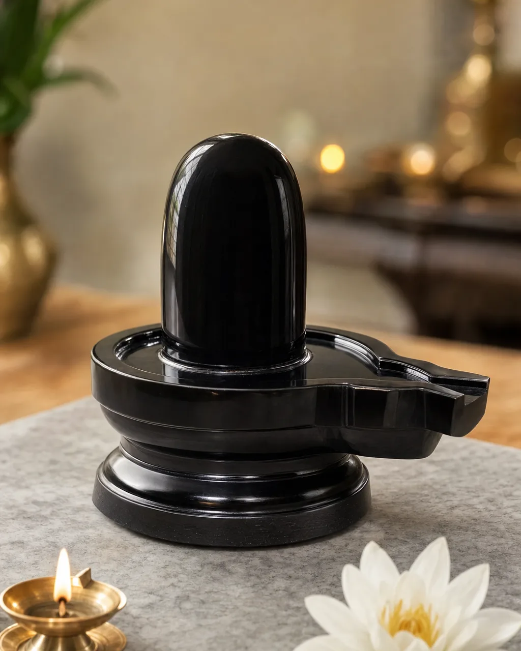 Handcrafted Black Marble Shiva Lingam with Yoni Base, 18in