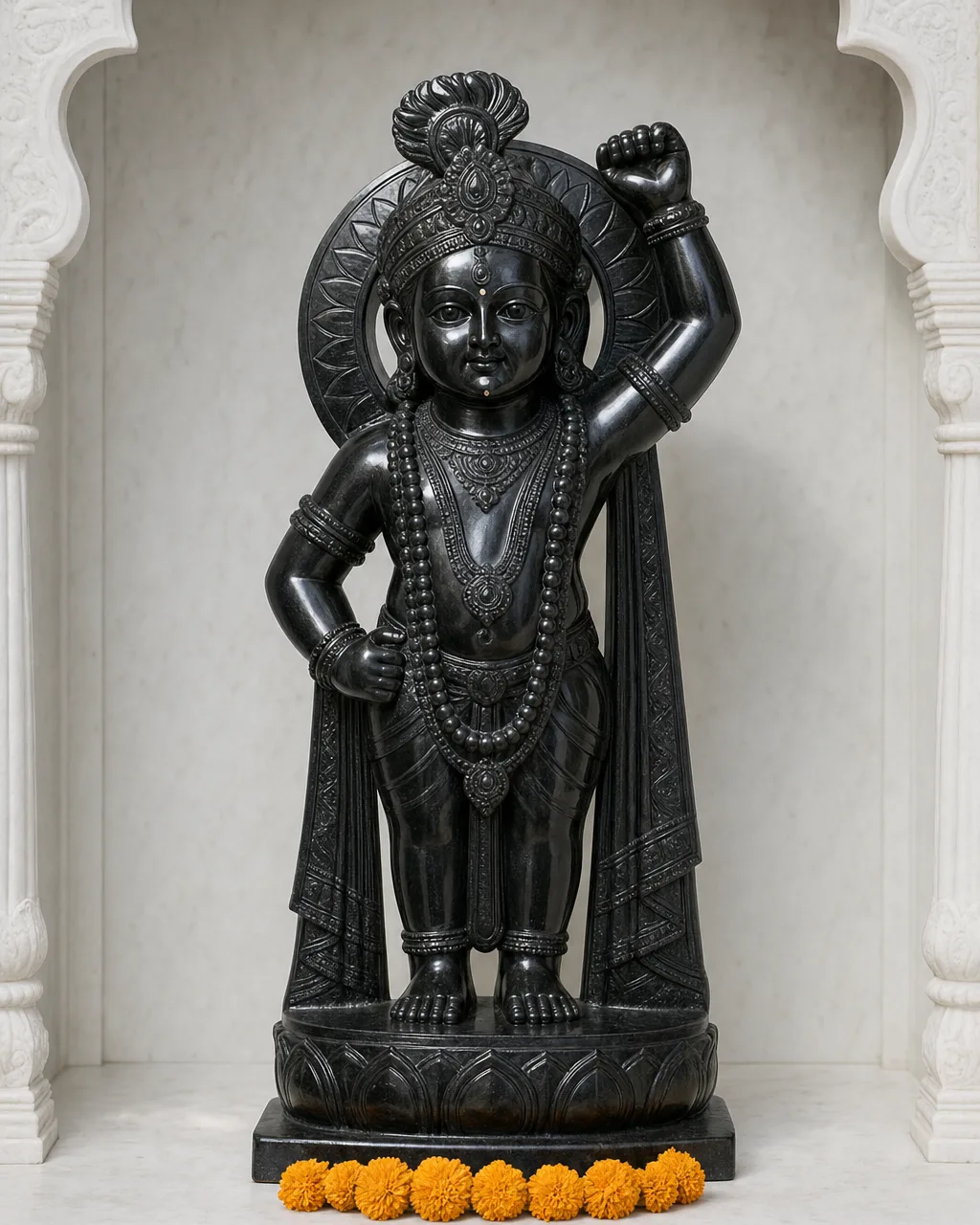 Black Marble Shrinathji Murti with Carved Crown and Ornaments, 24 in