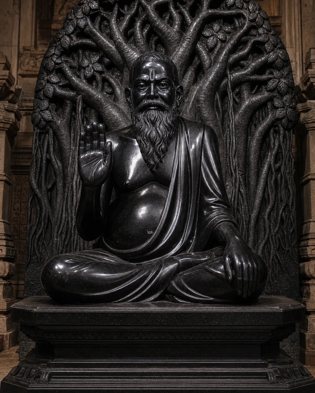 Handcrafted Black Marble Swami Samarth Darbar with Vat Vruksha Backdrop, 3.5 ft
