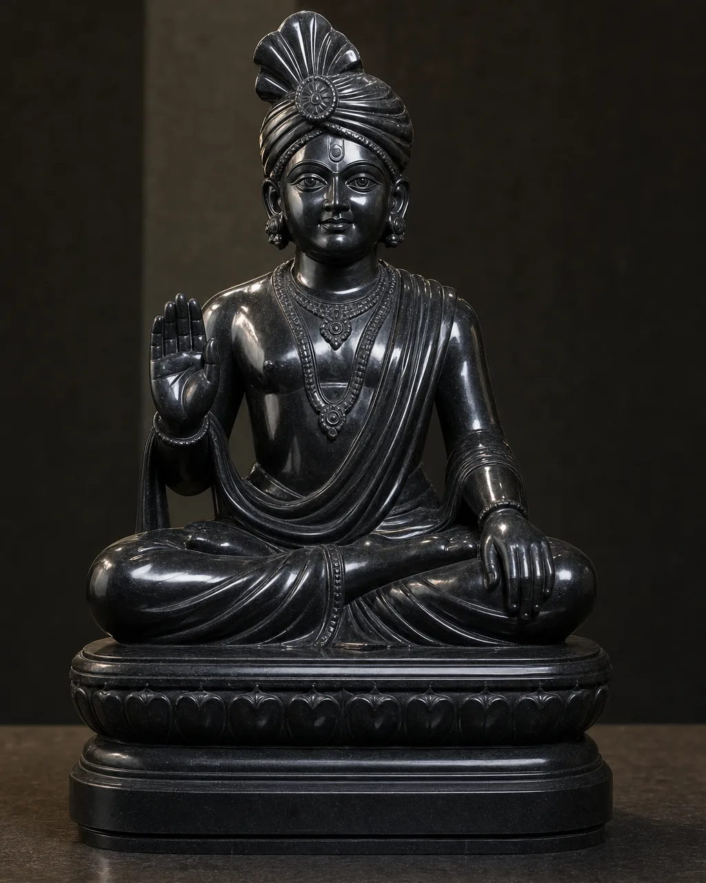 Handcrafted Black Marble Swaminarayan Seated Blessing Murti, 24in