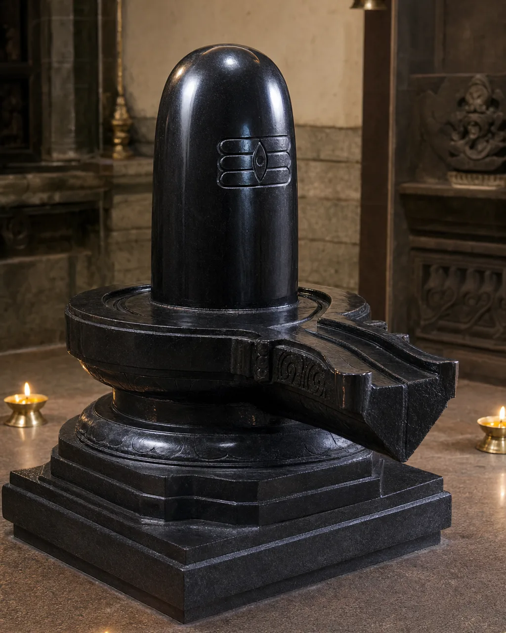 Handcrafted Black Marble Temple Shiva Lingam on Stepped Yoni, 48in