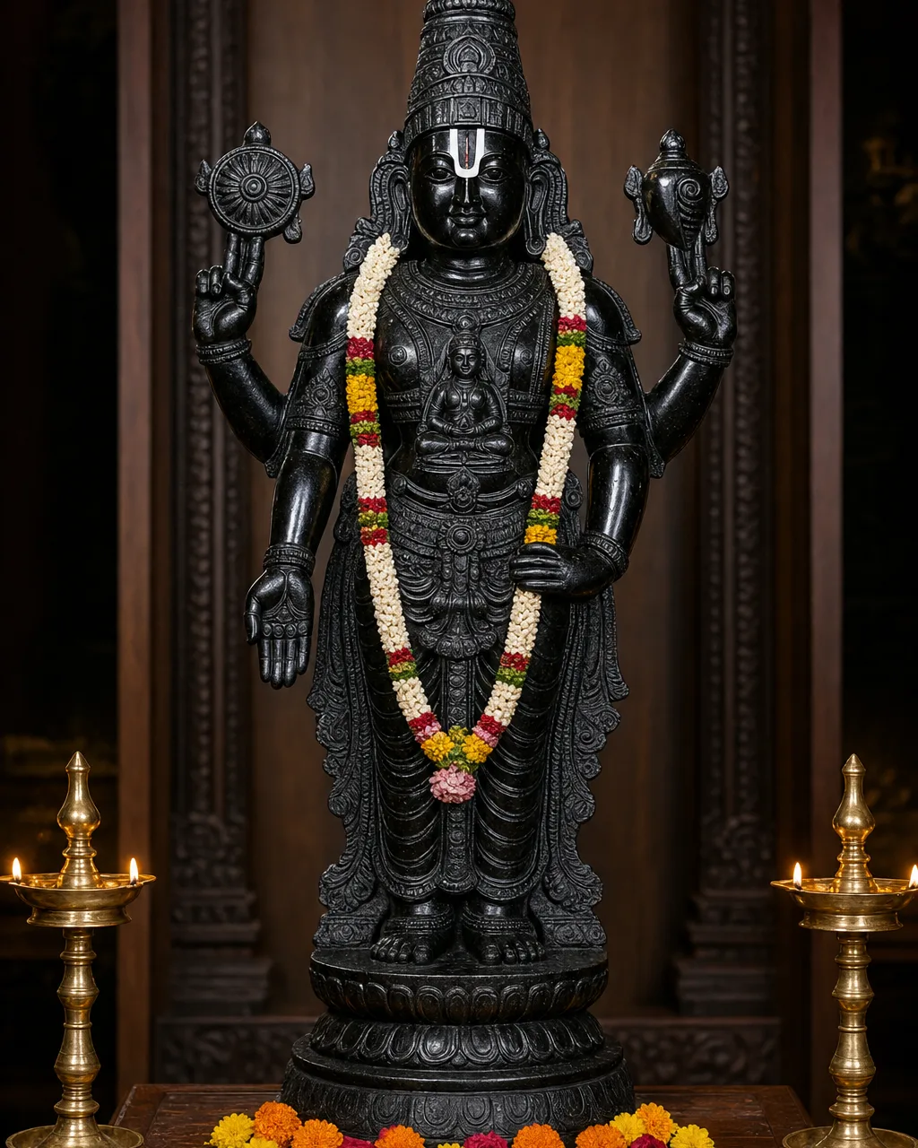 Handcrafted Black Marble Tirupati Balaji Statue, 2ft