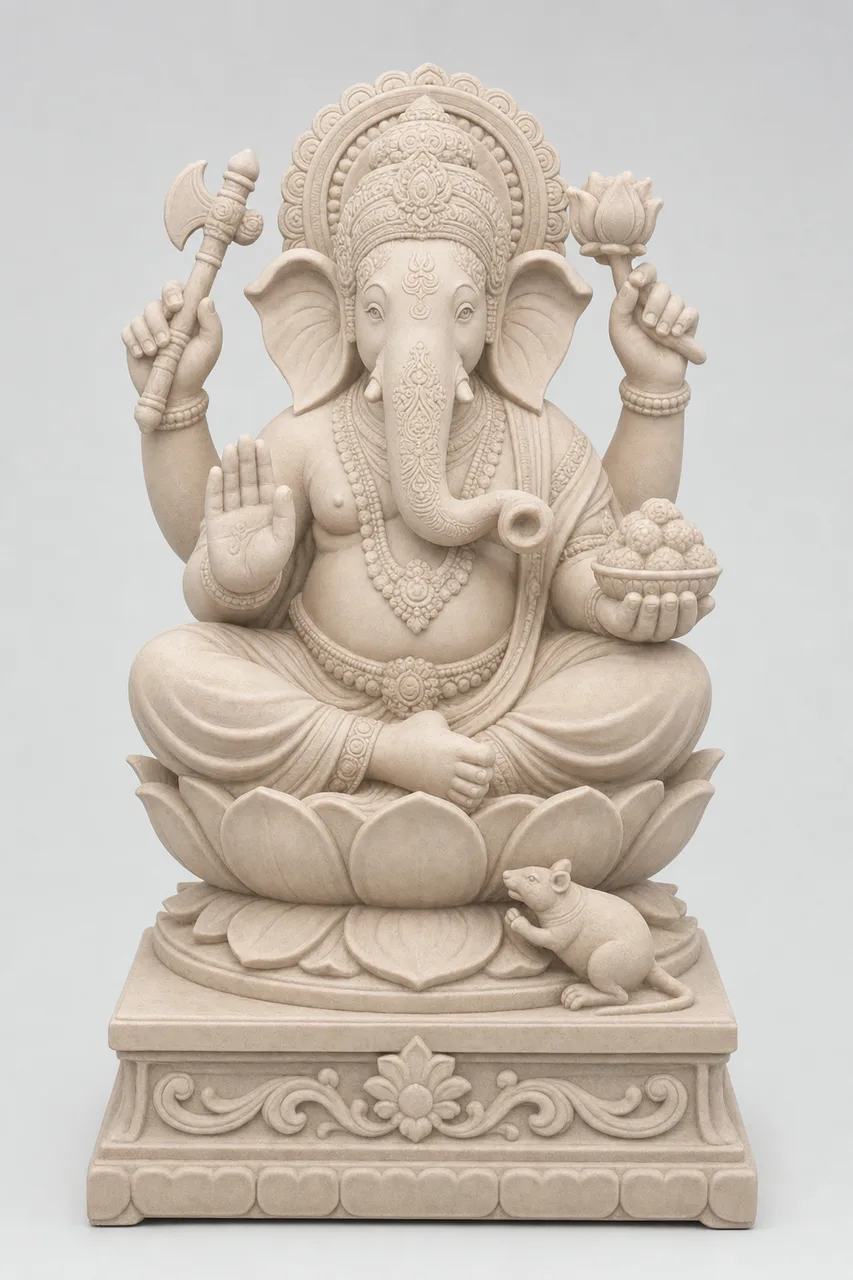 Dholpur Pink Sandstone Dagdusheth Ganpati on Lotus Pedestal, 18 in