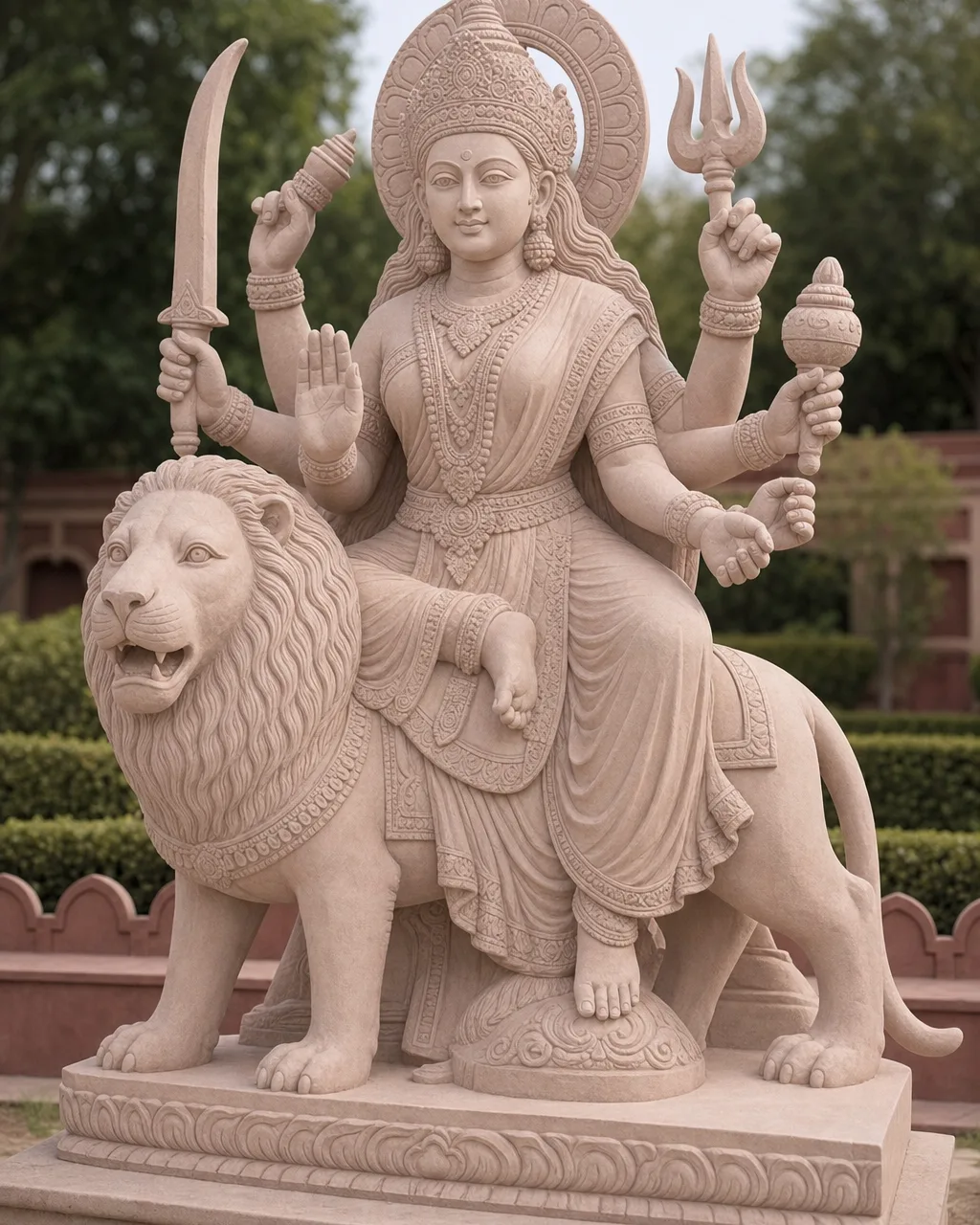 Handcrafted Dholpur Pink Sandstone Garden Durga Statue on Lion, 4ft