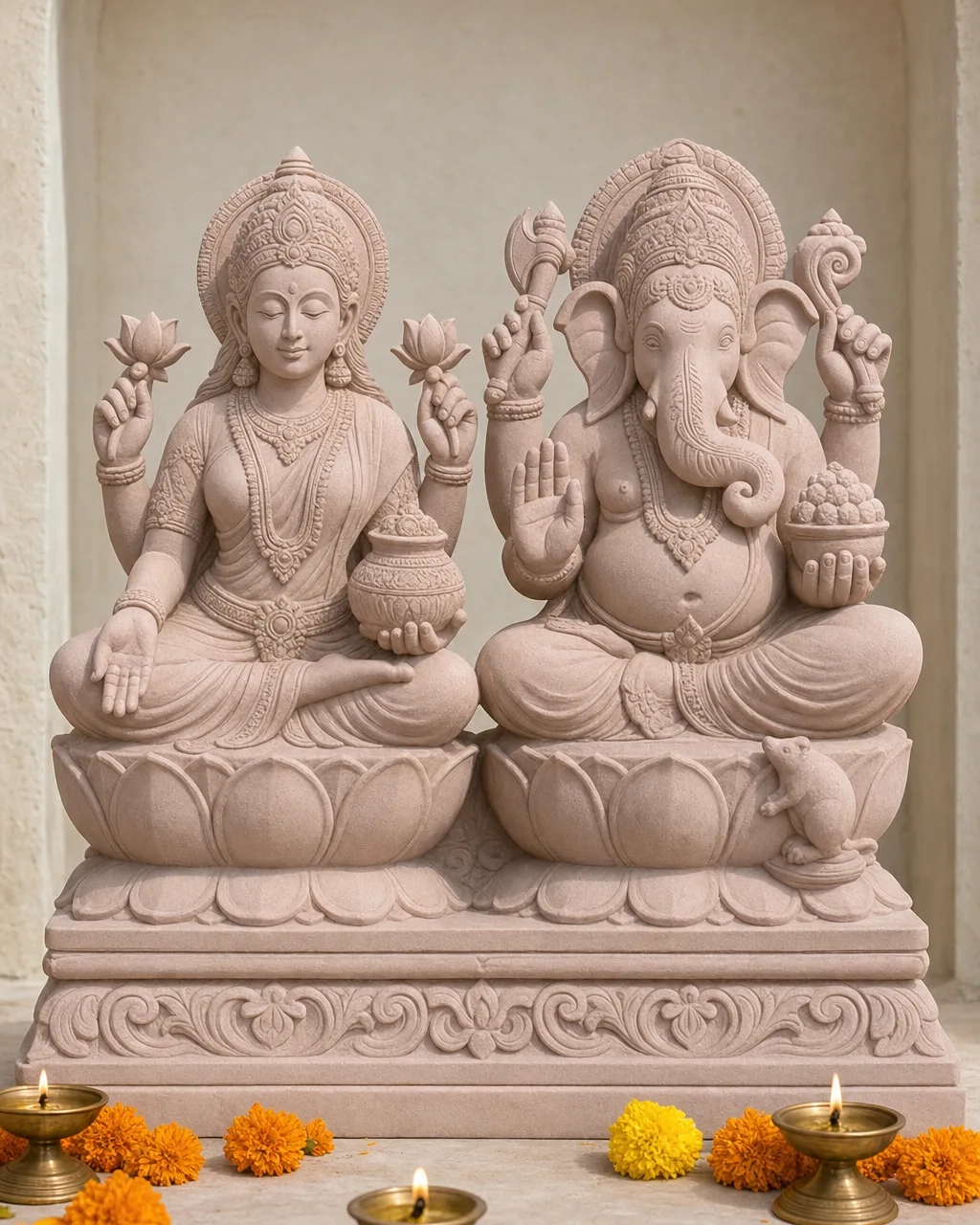 Handcrafted Dholpur Pink Sandstone Lakshmi-Ganesh Pair on Lotus Thrones, 18in