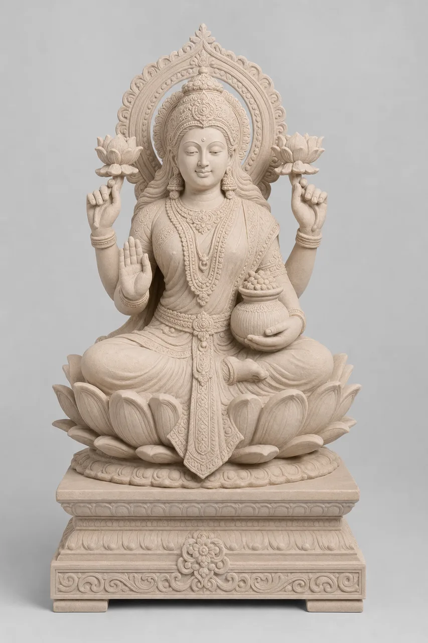 Dholpur Pink Sandstone Lakshmi on Lotus Throne, 18 Inch