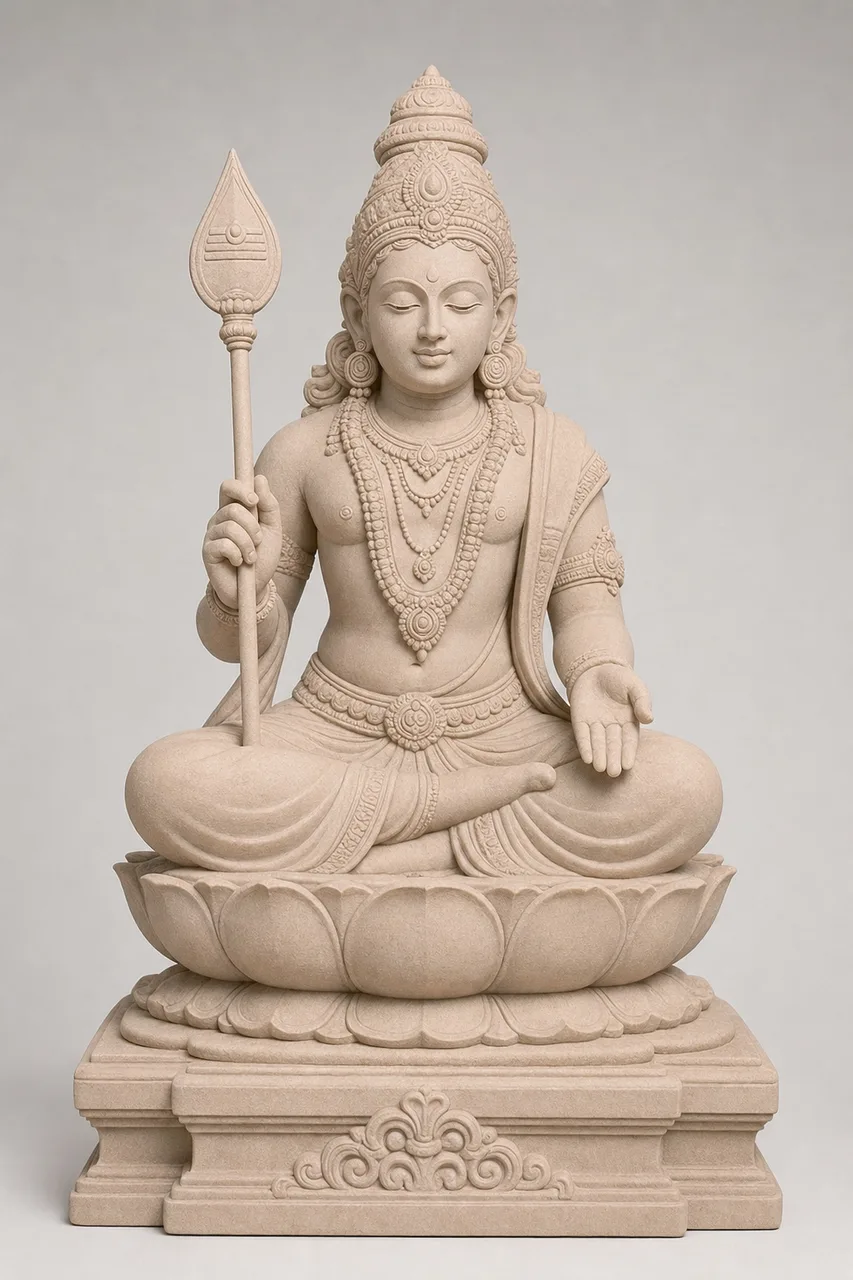 Handcrafted Dholpur Pink Sandstone Seated Murugan on Lotus Statue, 20in