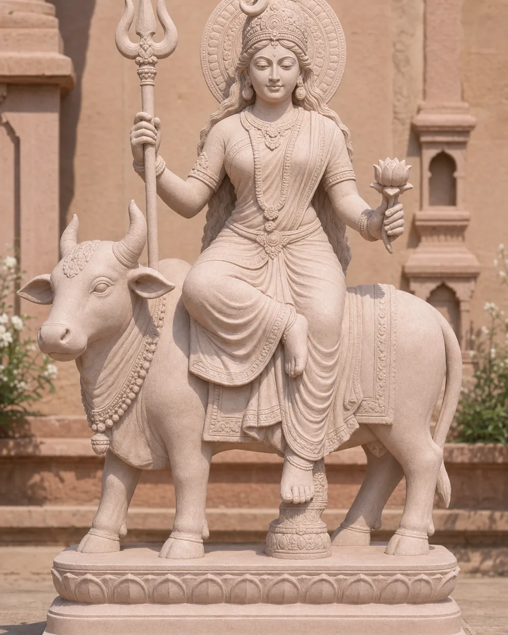 Handcrafted Dholpur Pink Sandstone Shailputri Durga Statue, 18in