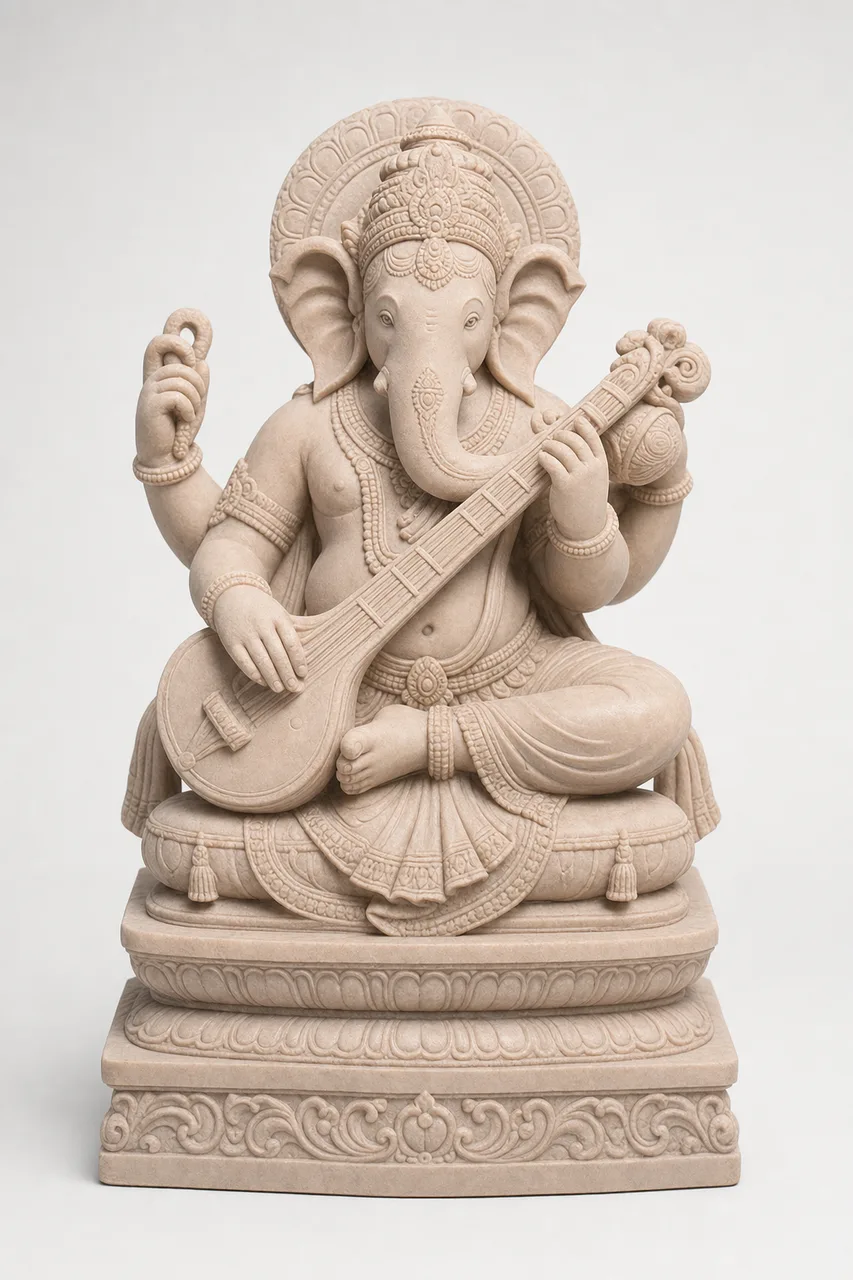 Dholpur Pink Sandstone Ganesh Playing the Veena, 18 in