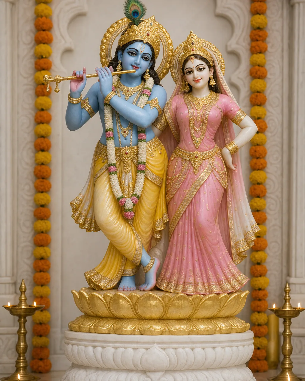 Hand-Painted Makrana White Marble Radha Krishna Jugal Jodi with Gold-Leaf Shringar, 30-inch