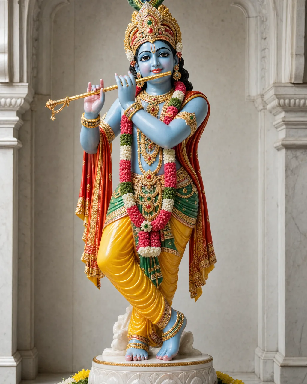 Handcrafted Hand-Painted Marble Murli Krishna Statue, 4ft