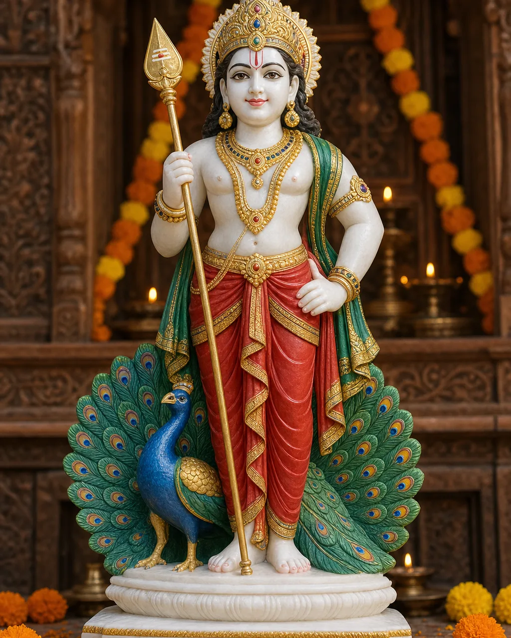 Handcrafted Hand-Painted Marble Murugan Statue with Vel and Peacock, 2ft