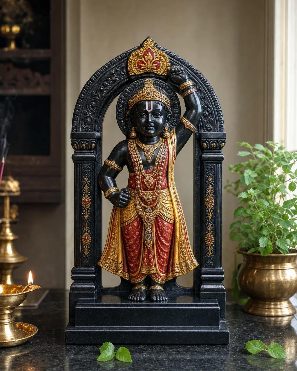 Hand-Painted Shrinathji Murti in Black Marble with Gold Detailing, 15 in