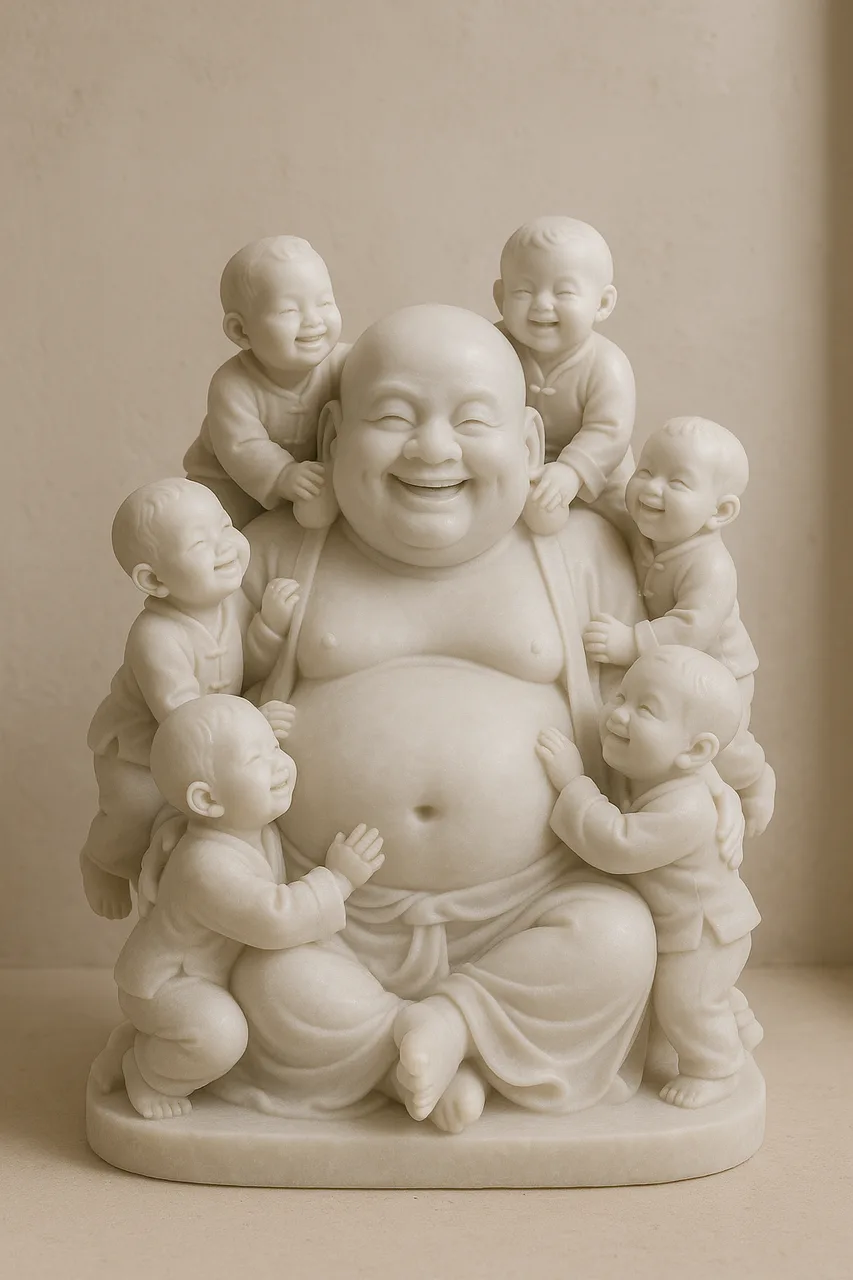 Handcrafted Vietnam White Marble Buddha Statue – Laughing with Children, 1.5ft