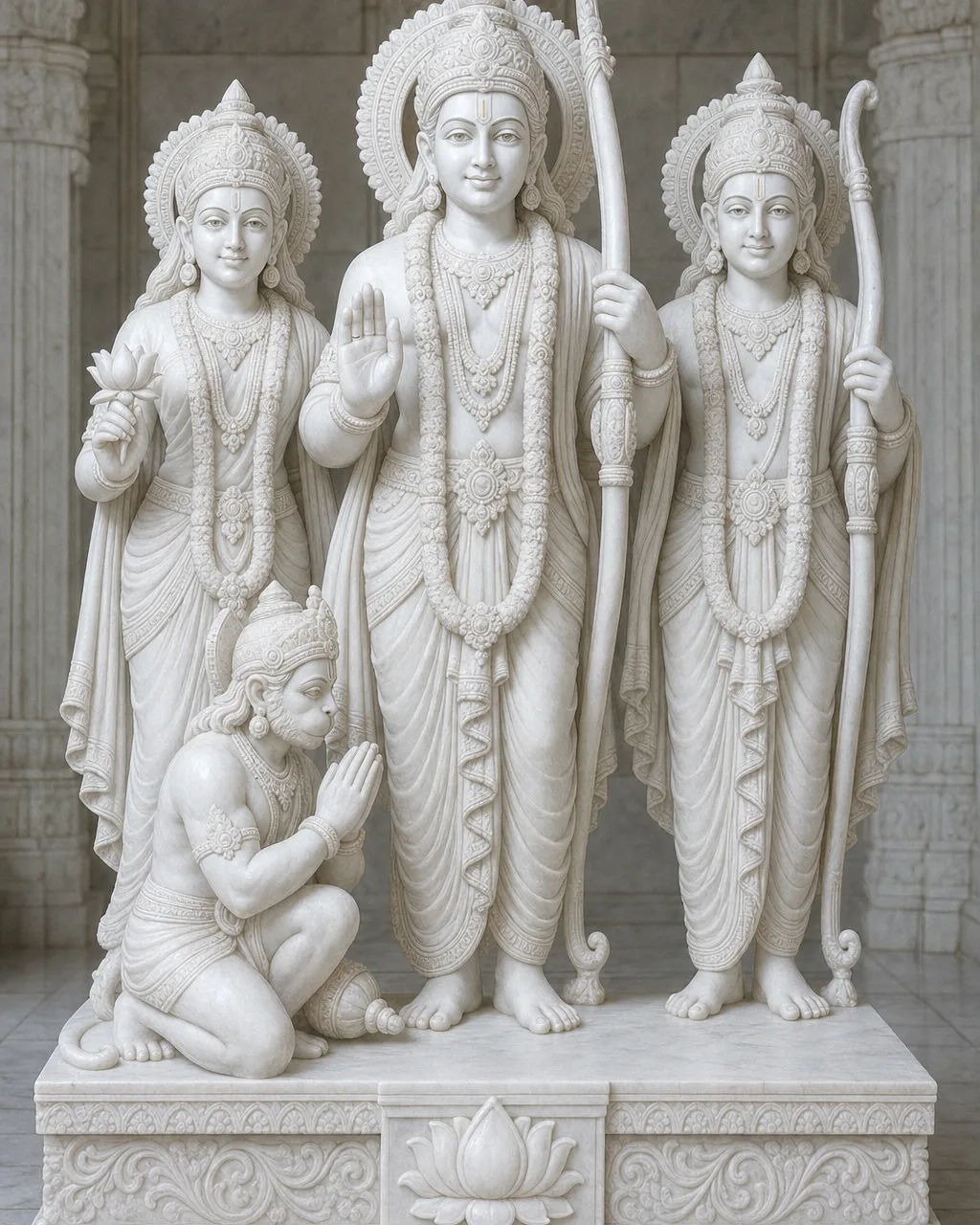 Handcrafted Makrana Marble Ram Darbar Set with Lakshman & Hanuman, 4ft