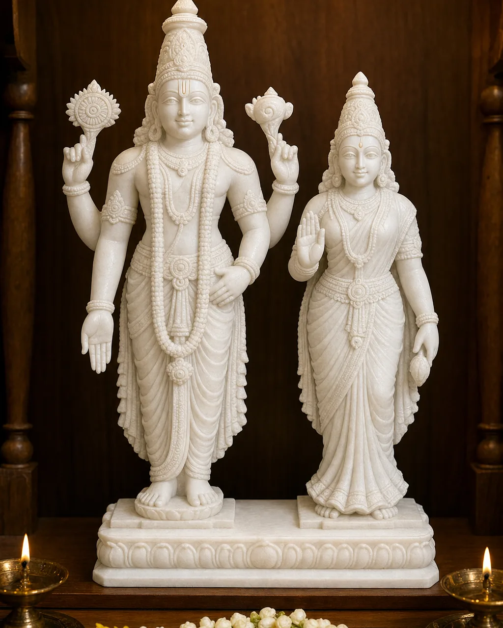 Handcrafted Makrana White Marble Balaji Padmavati Statue Pair, 18in